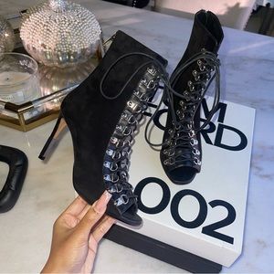 Balmain Black Lace Up Peep-Toe Suede Stiletto Booties